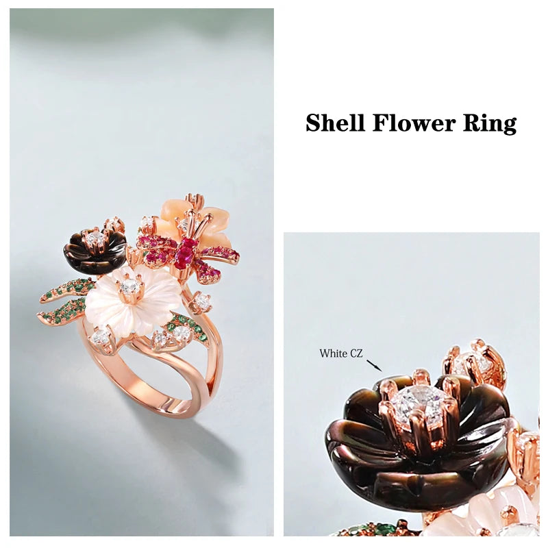 Mood Ring with Natural Shell Flower & Zircon