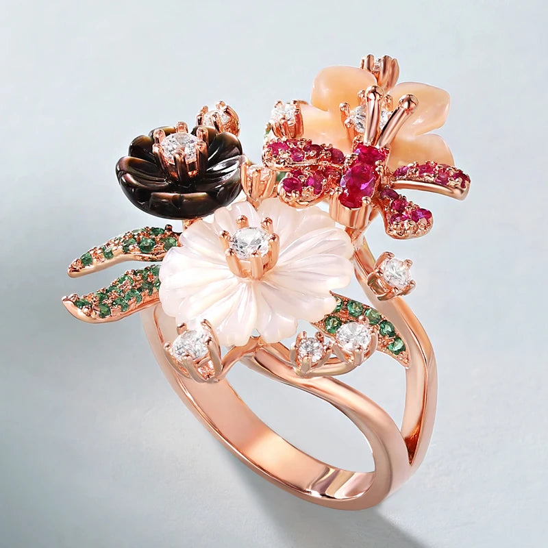 Mood Ring with Natural Shell Flower & Zircon