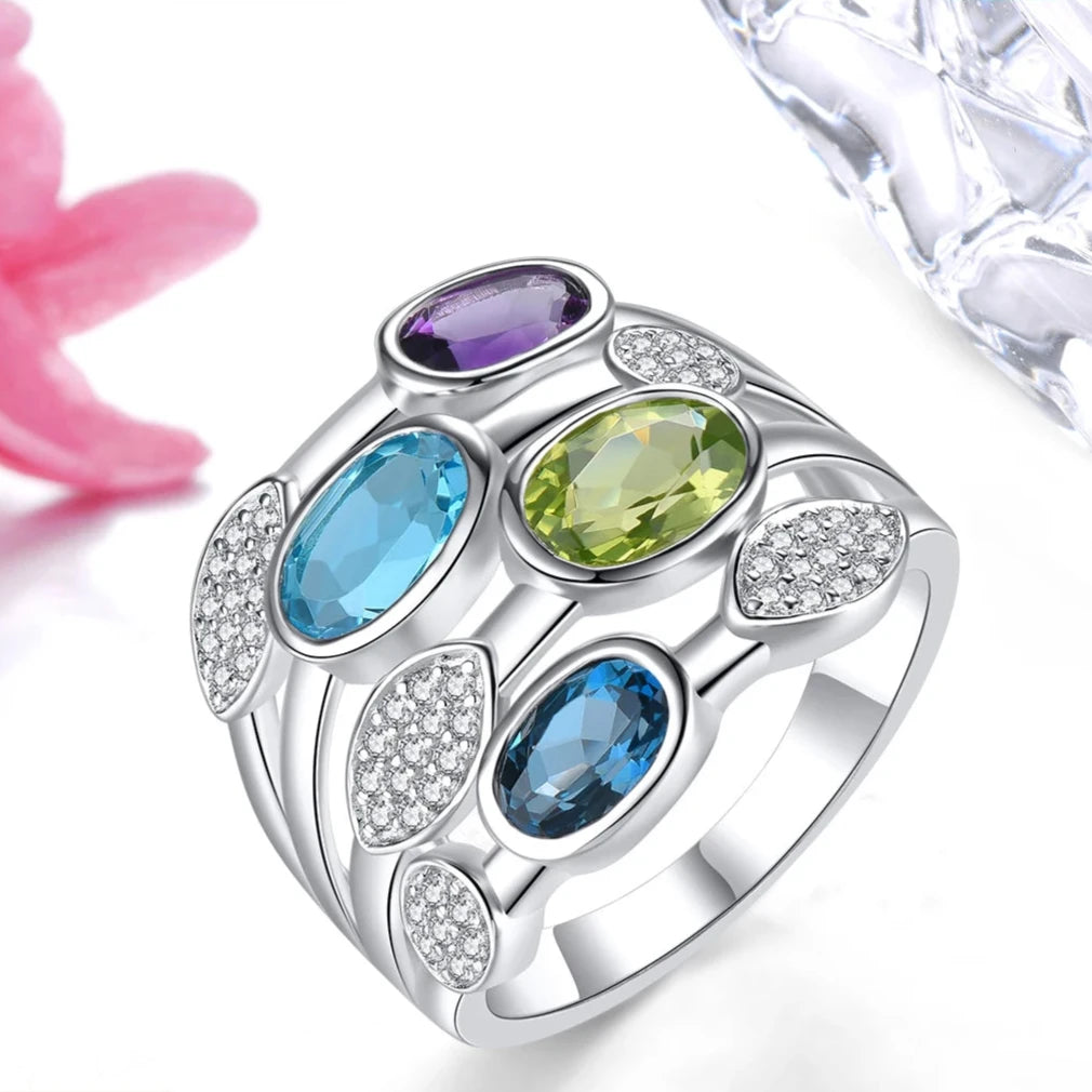 Blue Topaz & Multicolor Gemstone Solid Silver Ring