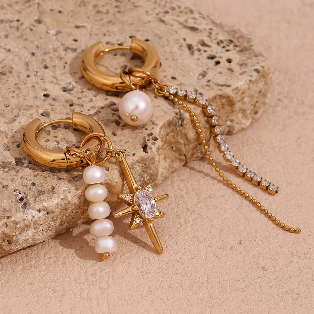 Asymmetric Pearl & Zircon Star Earrings - 18K Gold