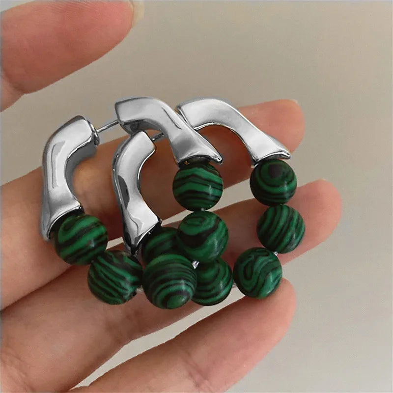 Green Beads Metal Earrings