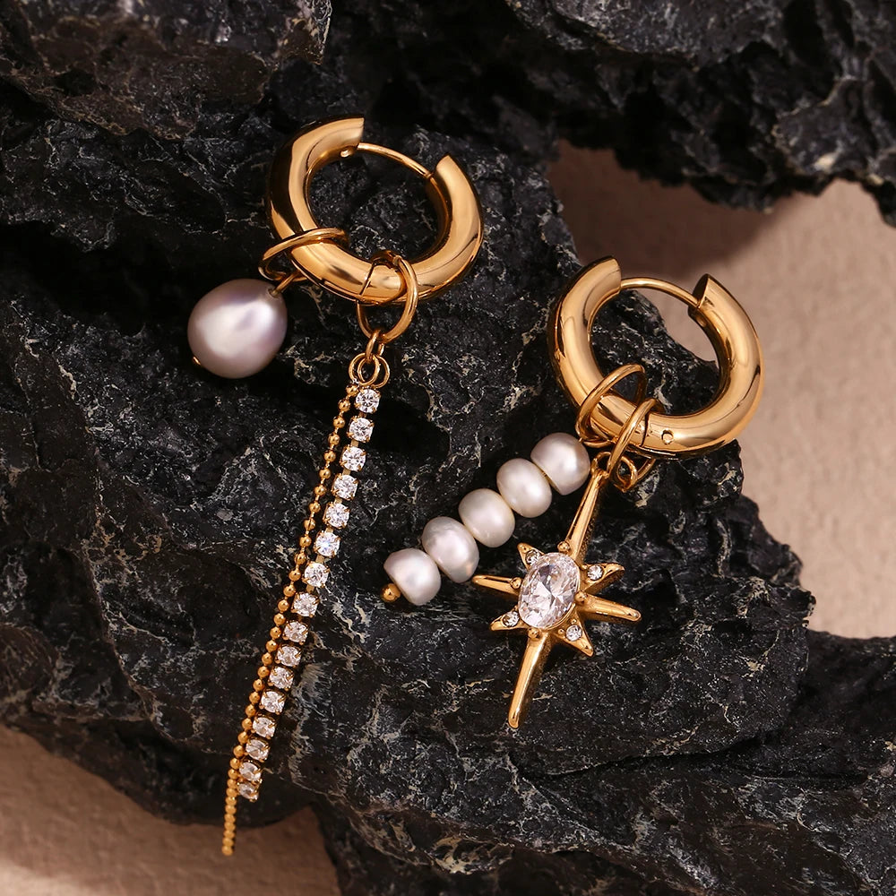 Asymmetric Pearl & Zircon Star Earrings - 18K Gold