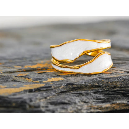 Elegant White Enamel Irregular Ring - 18k Gold