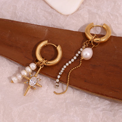 Asymmetric Pearl & Zircon Star Earrings - 18K Gold