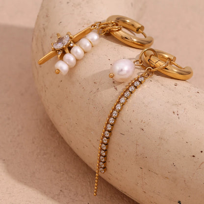 Asymmetric Pearl & Zircon Star Earrings - 18K Gold