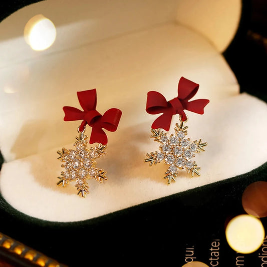 Red Bow Knot Snowflake Drop Earrings