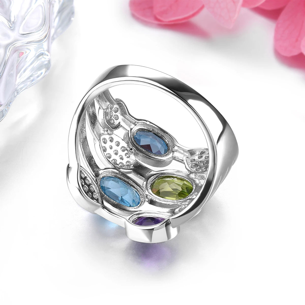 Blue Topaz & Multicolor Gemstone Solid Silver Ring