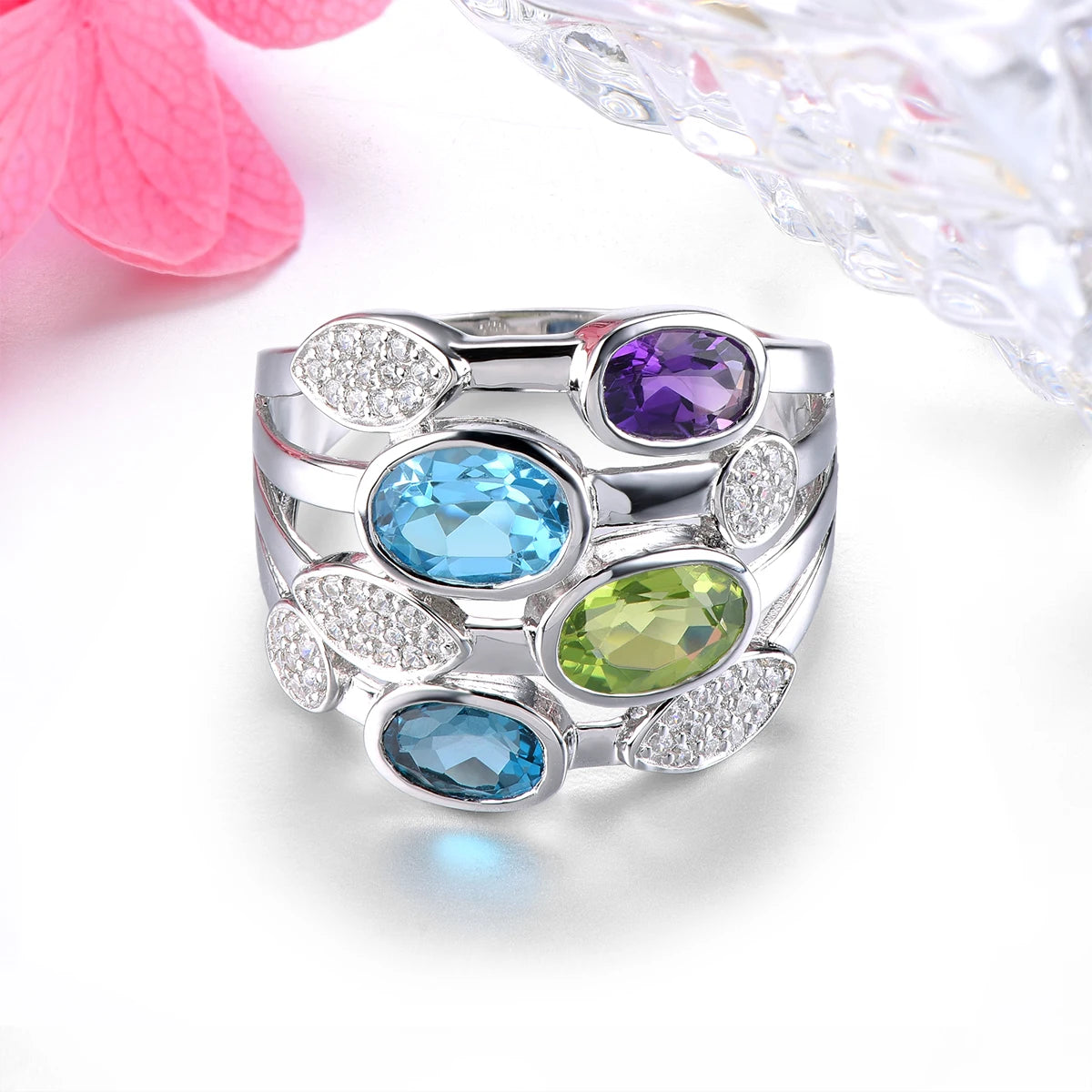 Blue Topaz & Multicolor Gemstone Solid Silver Ring