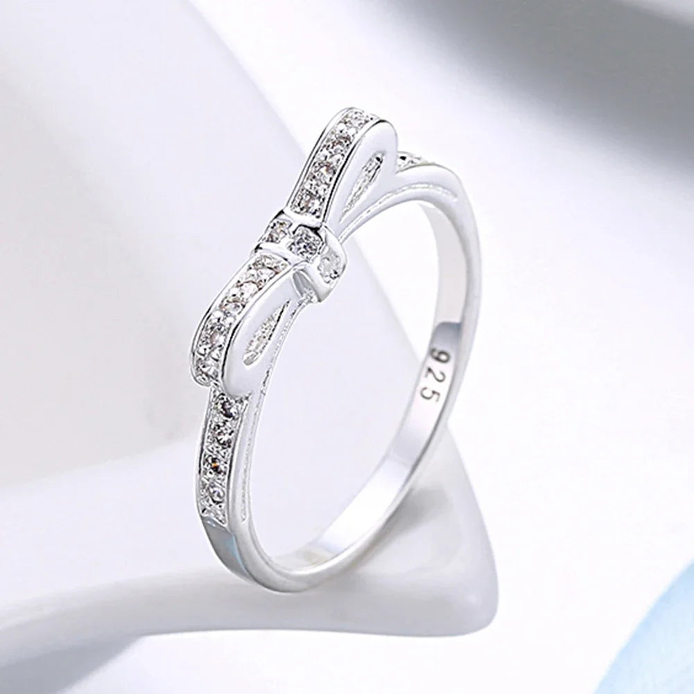 925 Sterling Silver Simple Bowknot Crystal Rings For Women Size 6/7/8/9 Luxury Fashion Party Wedding Accessories Jewelry Gifts