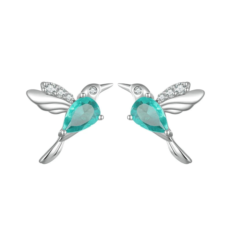 Bamoer Authentic 925 Sterling Silver Mint Green Hummingbird Stud Earrings for Women Pave Setting CZ Fine Jewelry Gift