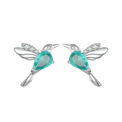 Bamoer Authentic 925 Sterling Silver Mint Green Hummingbird Stud Earrings for Women Pave Setting CZ Fine Jewelry Gift